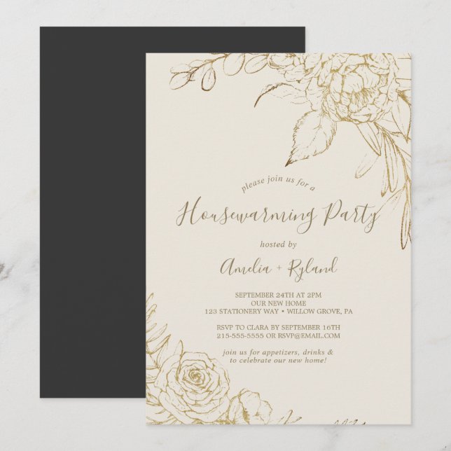 Gilded Floral | Cream and Gold Housewarming Party Invitation (Front/Back)