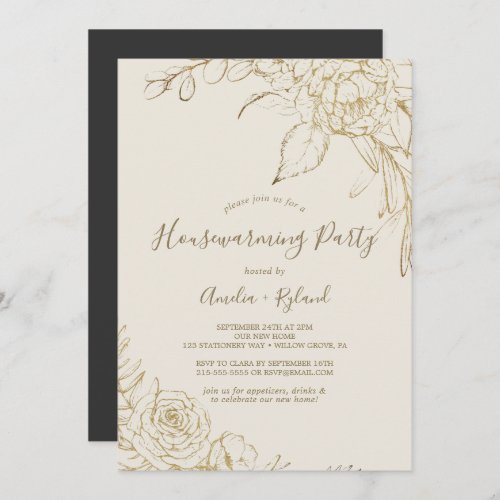 Gilded Floral  Cream and Gold Housewarming Party Invitation