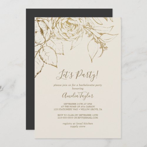 Gilded Floral  Cream and Gold Lets Party Invitation