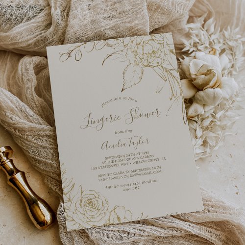 Gilded Floral  Cream and Gold Lingerie Shower Invitation