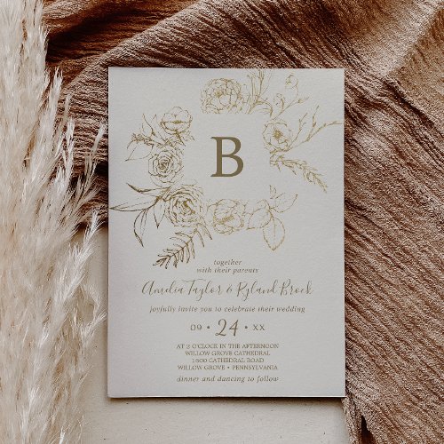 Gilded Floral  Cream and Gold Monogram Wedding Invitation