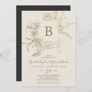 Cream and Gold Monogram Wedding Invitation with Gilded Floral