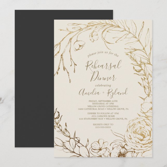 Gilded Floral | Cream and Gold Rehearsal Dinner Invitation (Front/Back)