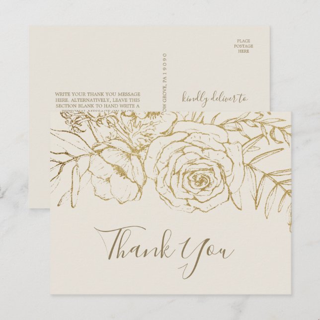 Gilded Floral | Cream and Gold Thank You Postcard (Front/Back)