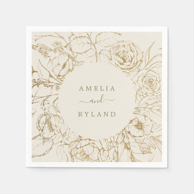 Gilded Floral | Cream and Gold Wedding Napkins (Front)