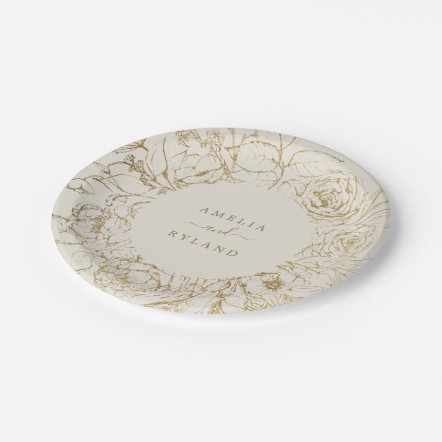 Gilded Floral | Cream and Gold Wedding Paper Plates (Angled)