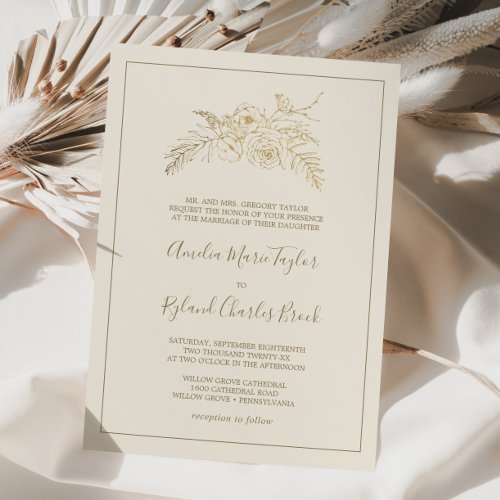 Gilded Floral  Cream Gold Formal Wedding Invitation