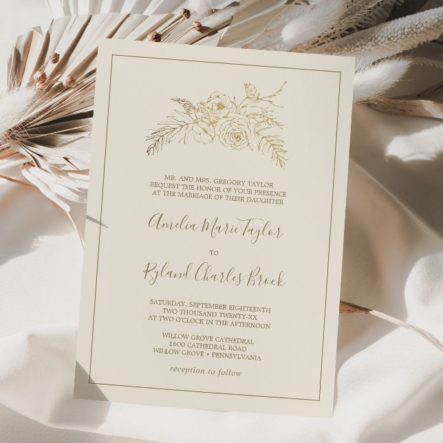 Gilded Floral | Cream Gold Formal Wedding Invitation