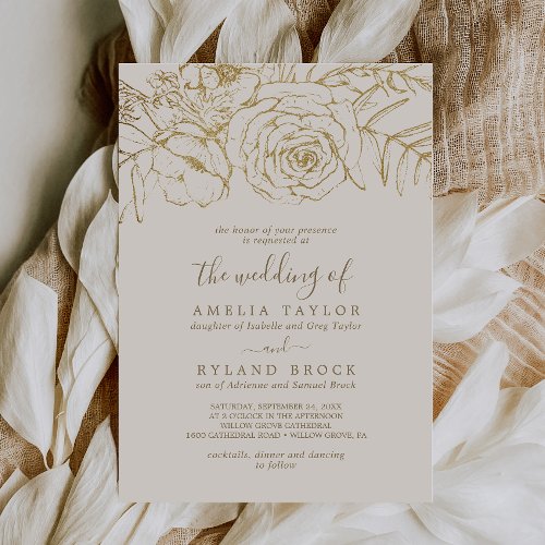 Gilded Floral  Cream Gold Parents Names Wedding Invitation