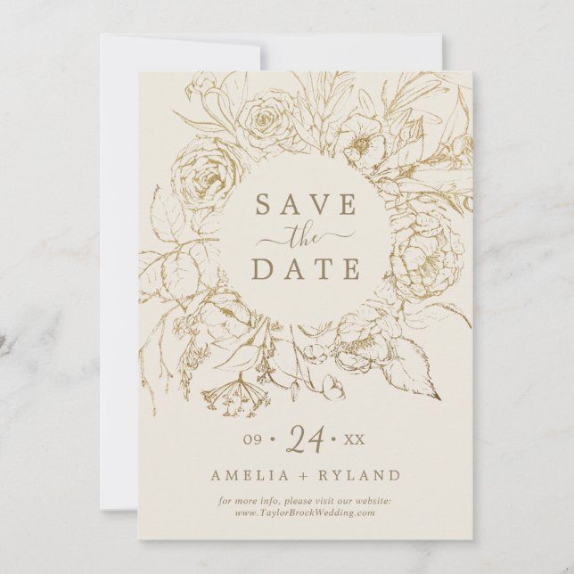 Gilded Floral Cream & Gold Save the Date Card (Front)