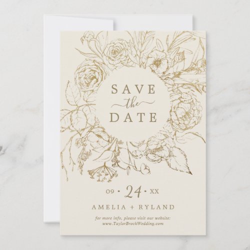 Gilded Floral Cream  Gold Save the Date Card
