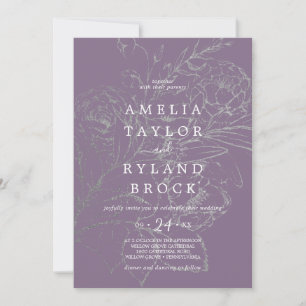 Gilded Floral Dusty Purple and Silve Faded Wedding Invitation