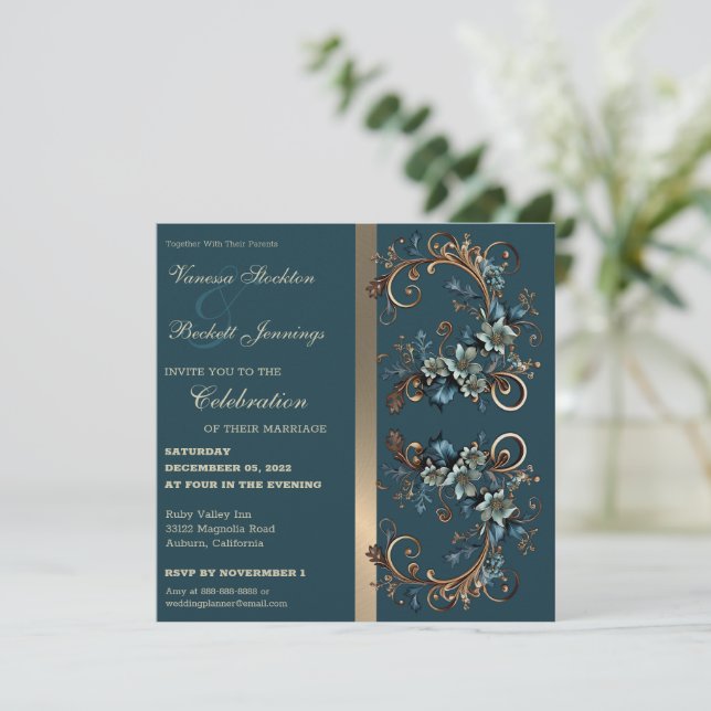 Gilded Floral Elegance Wedding Invitation (Standing Front)