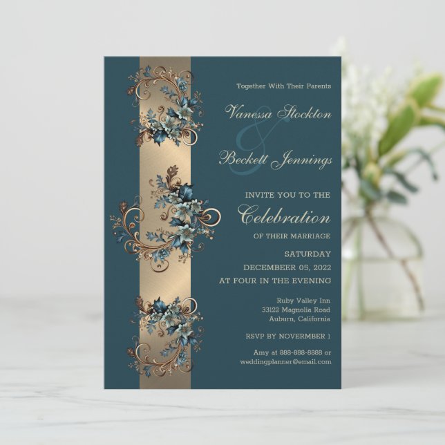 Gilded Floral Elegance Wedding Invitation (Standing Front)