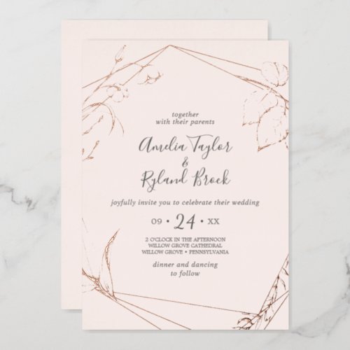 Gilded Floral Front  Back Rose Gold Foil Wedding Foil Invitation