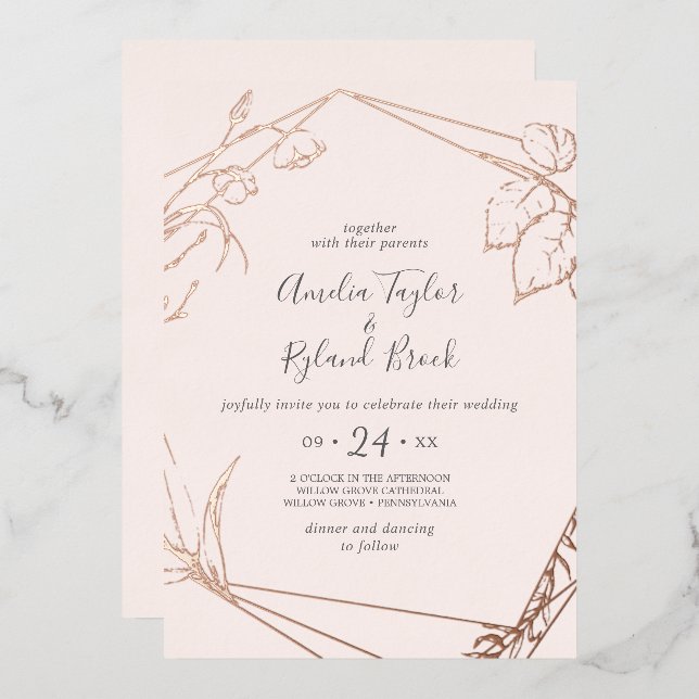 Gilded Floral Front & Back Rose Gold Foil Wedding Foil Invitation (Front/Back)