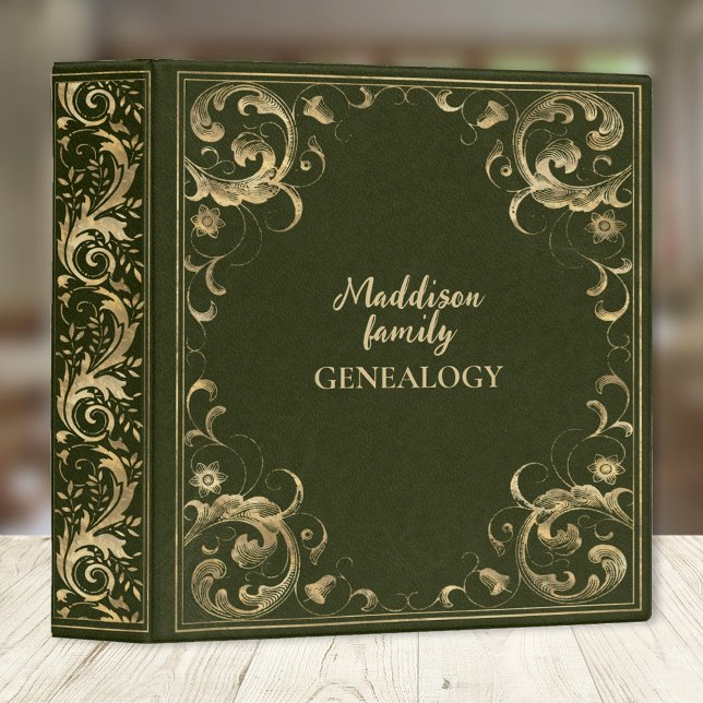 Gilded Floral Genealogy Family Album Green Gold 3 Ring Binder (Creator Uploaded)