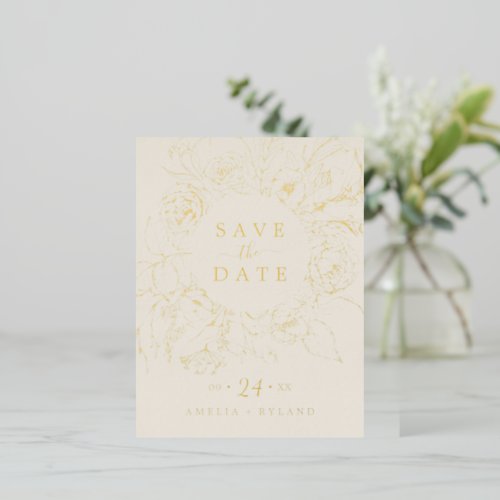 Gilded Floral Gold Foil and Cream Save the Date Foil Invitation Postcard