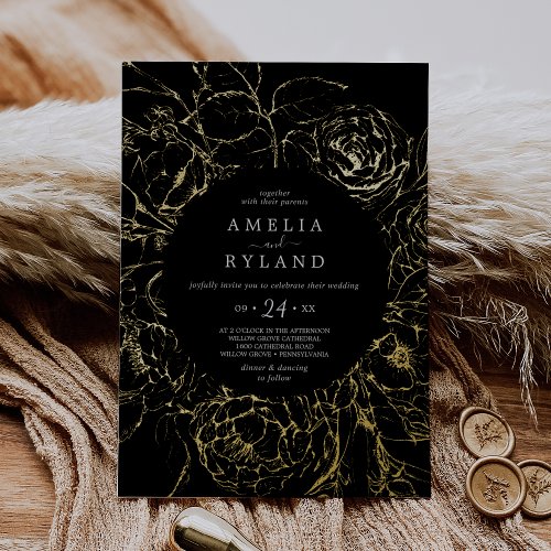 Gilded Floral  Gold Foil Black Casual Wedding Foil Invitation