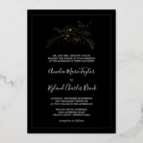 Gilded Floral  Gold Foil Black Formal Wedding Foil Invitation