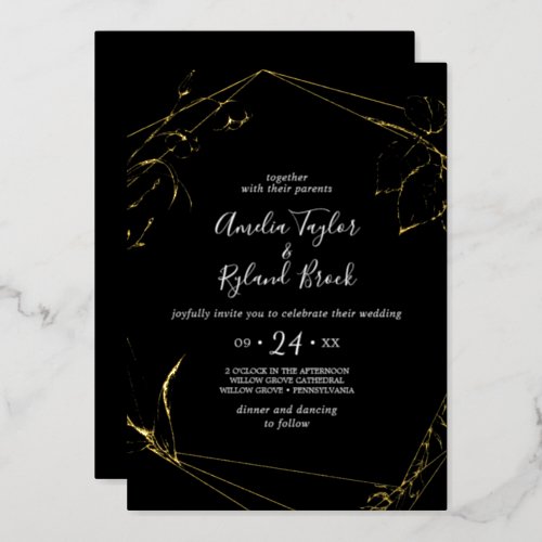 Gilded Floral  Gold Foil Black Front Back Wedding Foil Invitation