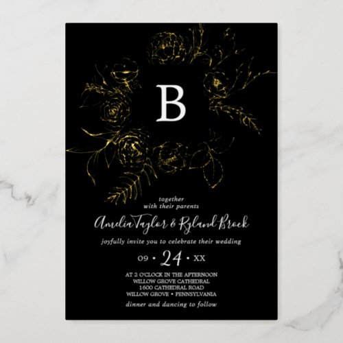 Gilded Floral  Gold Foil Black Monogram Wedding Foil Invitation