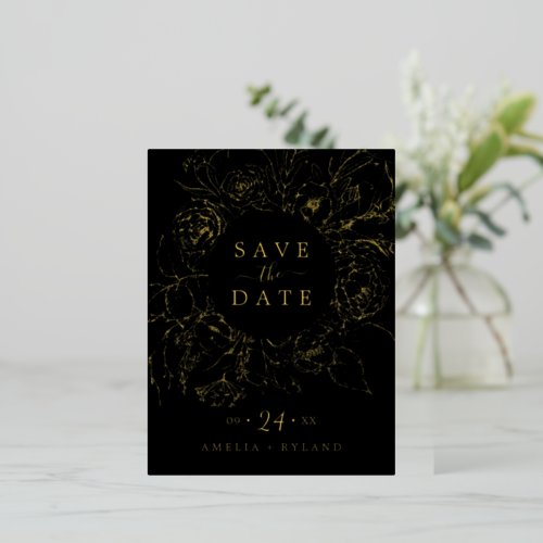 Gilded Floral  Gold Foil Black Save the Date Foil Invitation Postcard