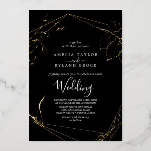 Gilded Floral  Gold Foil Black Wedding Foil Invitation