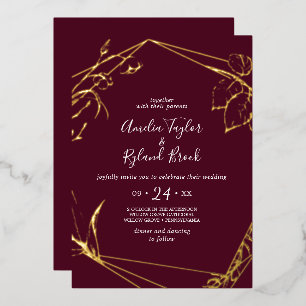 Gilded Floral Gold Foil Burgundy All-In-1 Wedding Foil Invitation
