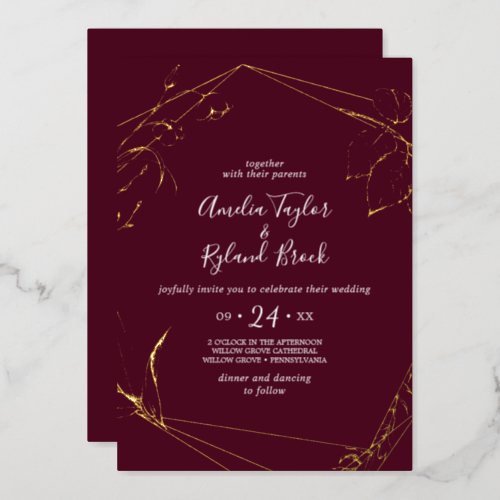 Gilded Floral Gold Foil Burgundy All_In_1 Wedding Foil Invitation