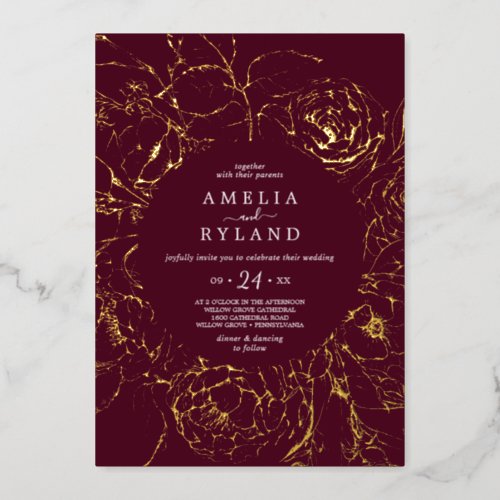 Gilded Floral  Gold Foil Burgundy Casual Wedding Foil Invitation