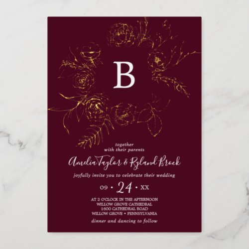 Gilded Floral Gold Foil Burgundy Monogram Wedding Foil Invitation