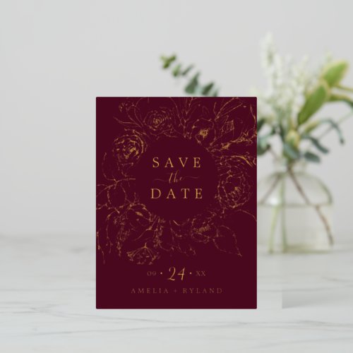 Gilded Floral  Gold Foil Burgundy Save the Date Foil Invitation Postcard