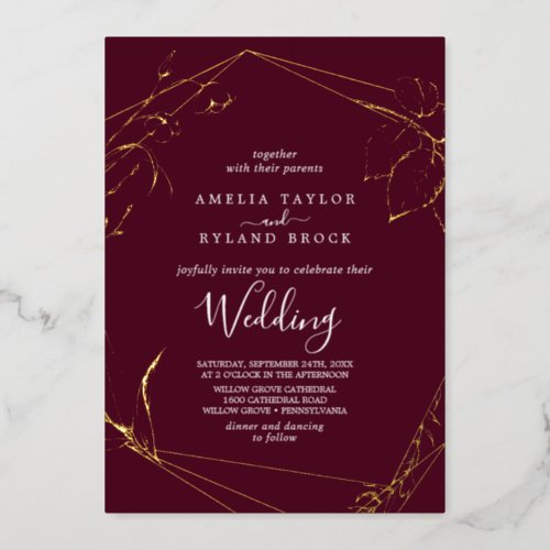 Gilded Floral  Gold Foil Burgundy Wedding Foil Invitation