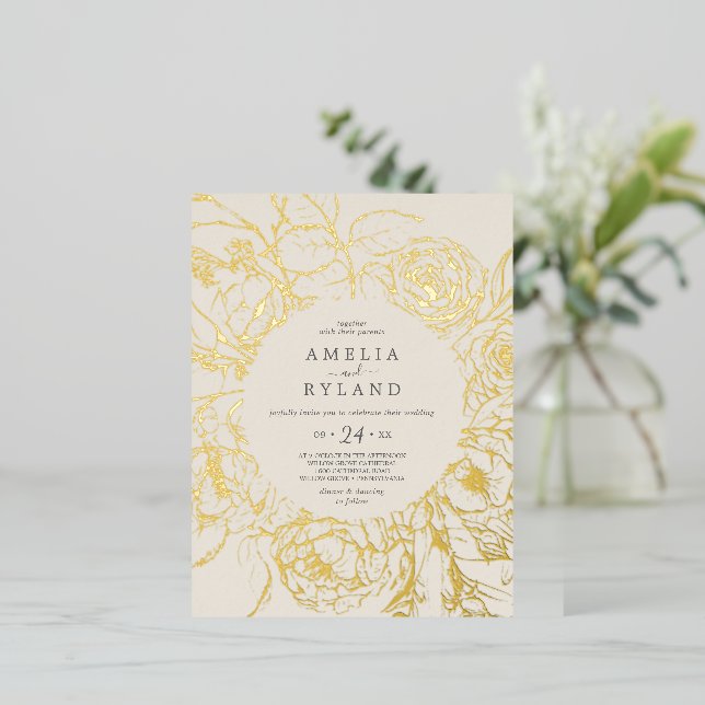 Gilded Floral | Gold Foil Cream 4.25x5.6" Wedding Foil Invitation Postcard (Standing Front)