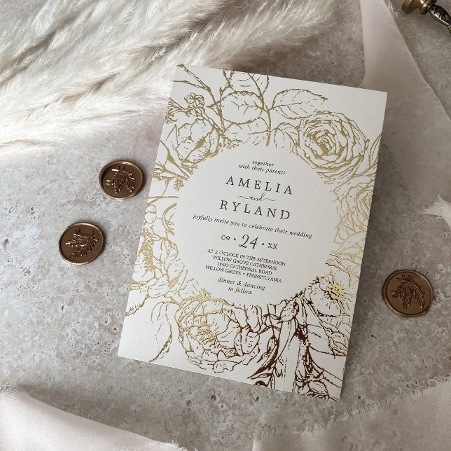 Gilded Floral | Gold Foil Cream Casual Wedding Invitation (Creator Uploaded)