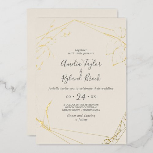 Gilded Floral  Gold Foil Cream Front Back Wedding Foil Invitation
