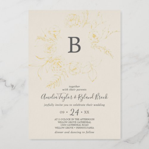 Gilded Floral  Gold Foil Cream Monogram Wedding Foil Invitation
