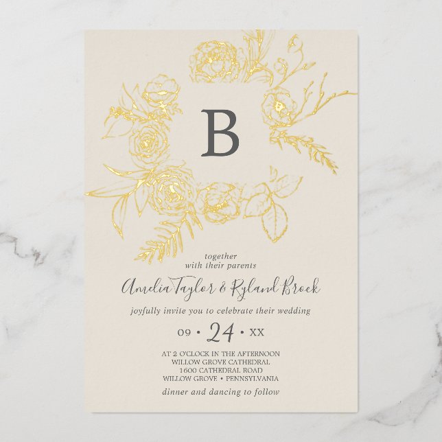 Gilded Floral | Gold Foil Cream Monogram Wedding Foil Invitation (Front)