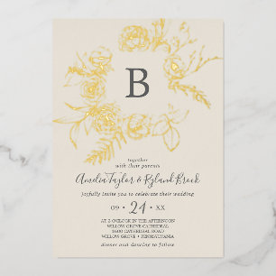 Gilded Floral   Gold Foil Cream Monogram Wedding Invitation