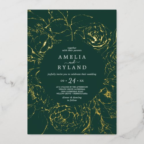 Gilded Floral  Gold Foil Emerald Casual Wedding Foil Invitation