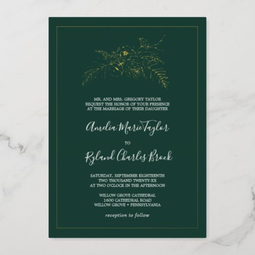 Gilded Floral  Gold Foil Emerald Formal Wedding Foil Invitation