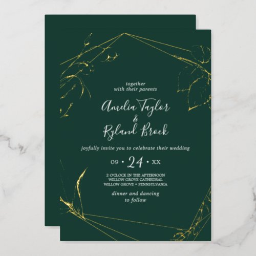 Gilded Floral Gold Foil Emerald Front Back Wedding Foil Invitation