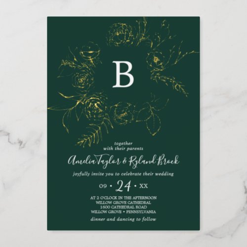 Gilded Floral  Gold Foil Emerald Monogram Wedding Foil Invitation