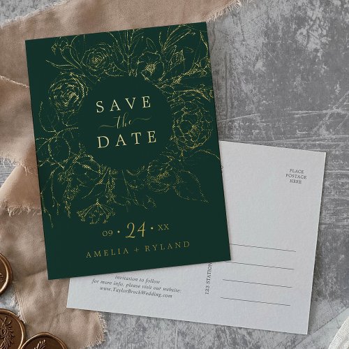 Gilded Floral  Gold Foil Emerald Save the Date Foil Invitation Postcard