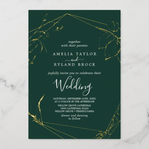 Gilded Floral  Gold Foil Emerald Wedding Foil Invitation