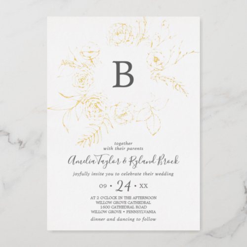 Gilded Floral  Gold Foil Monogram Wedding Foil Invitation