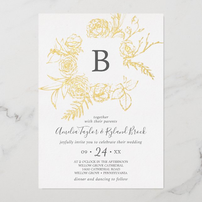 Gilded Floral | Gold Foil Monogram Wedding Invitation (Front)