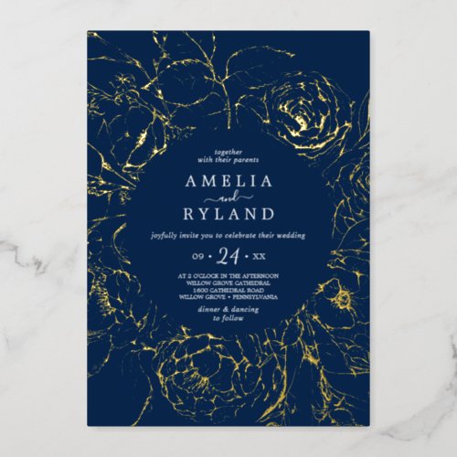 Gilded Floral  Gold Foil Navy Blue Casual Wedding Foil Invitation