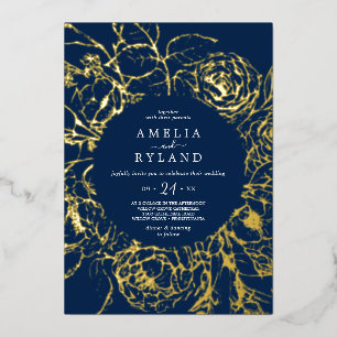 Gilded Floral   Gold Foil Navy Blue Casual Wedding Invitation